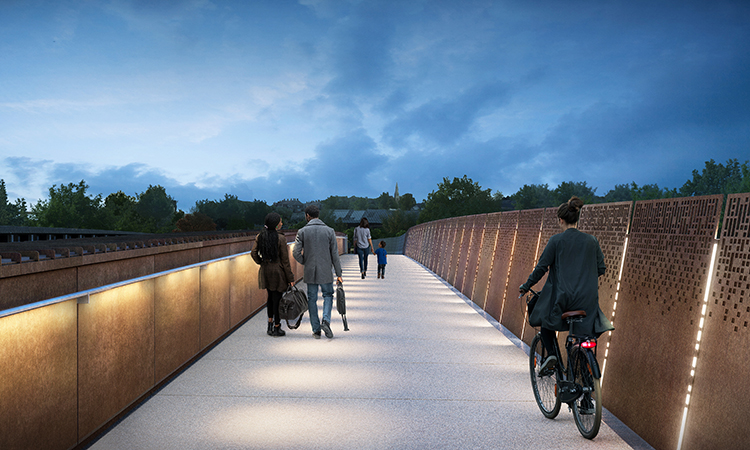 View of Aston Church Road Overbridge walkway at night