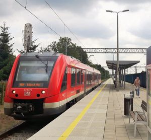 Train arriving at a station in Poland