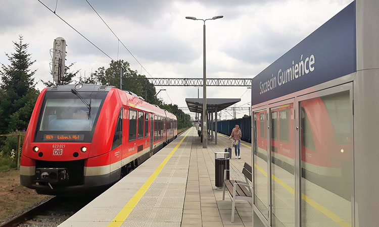 Train arriving at a station in Poland