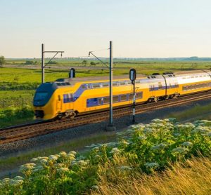 An electric train in the summer