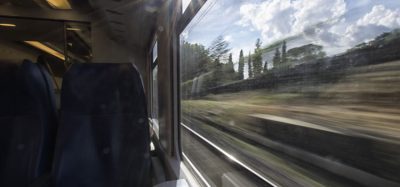 A high-speed train with track view from the window