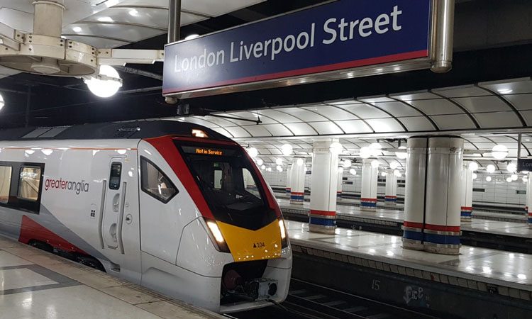 First 12-carriage electric Greater Anglia train arrives at Liverpool Street station