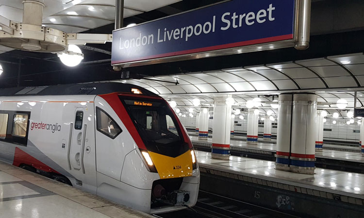 First 12-carriage electric Greater Anglia train arrives at Liverpool Street station