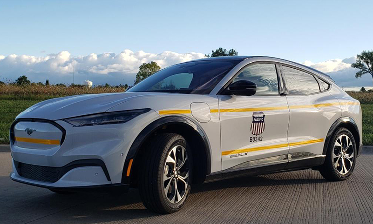 A Union Pacific Ford Mustang Mach-E