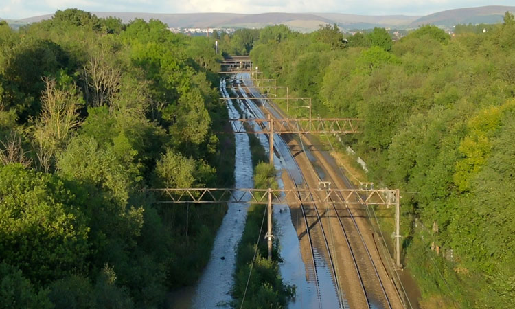 Drone footage by Network Rail of flooded railway tracks