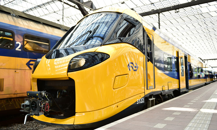 The Coradia Stream ICNG train on display at Rotterdam Central Station.