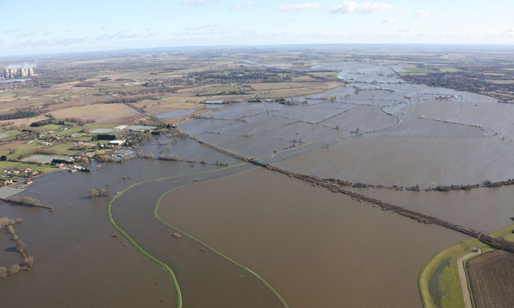 Photo showing extent of flooding of railway line near Drax power plant