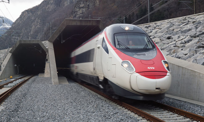 SBB train emerges from Gotthard Base Tunnel in Switzerland