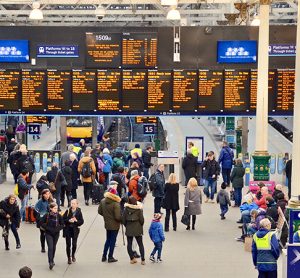 Waverley train station, people looking at information boards on the concourse. Edinburgh city, Scotland UK. February 2018 2018