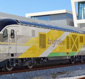 Brightline train at a station in West Palm Beach, Florida