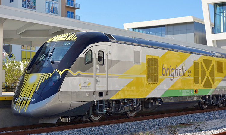 Brightline train at a station in West Palm Beach, Florida