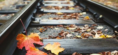 Railway rails closeup background with fallen autumn leaves