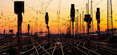 Railway Tracks at a Major Train Station at Sunset.