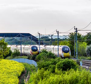 A UK train next to a field during spring