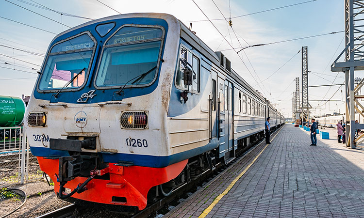 Close of of Kazakhstan locomotive on a sunny day