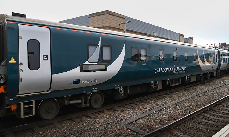 Caledonian Sleeper carriage at Inverness railway station in Scotland