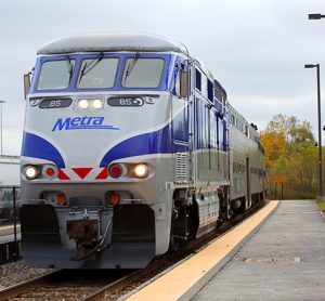 Metra commuter train arriving at a Chicago station.