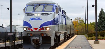 Metra commuter train arriving at a Chicago station.