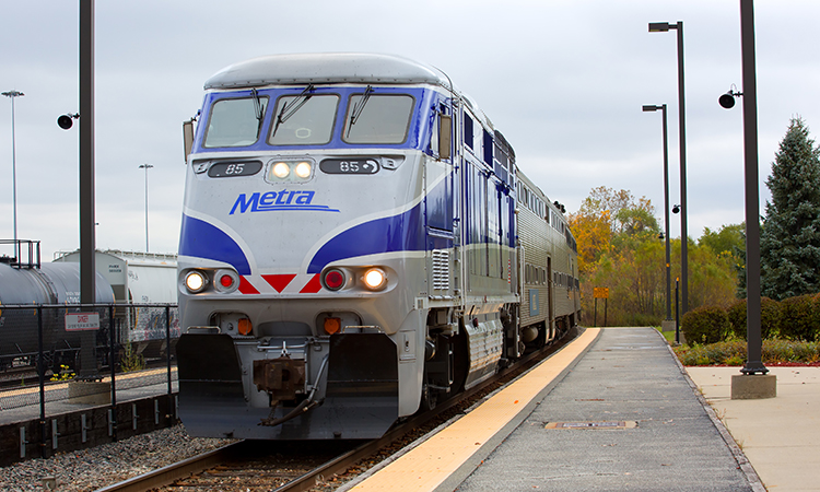 Metra commuter train arriving at a Chicago station.