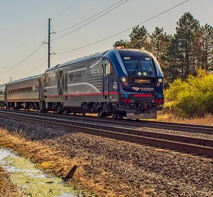 An Amtrak passenger train travelling