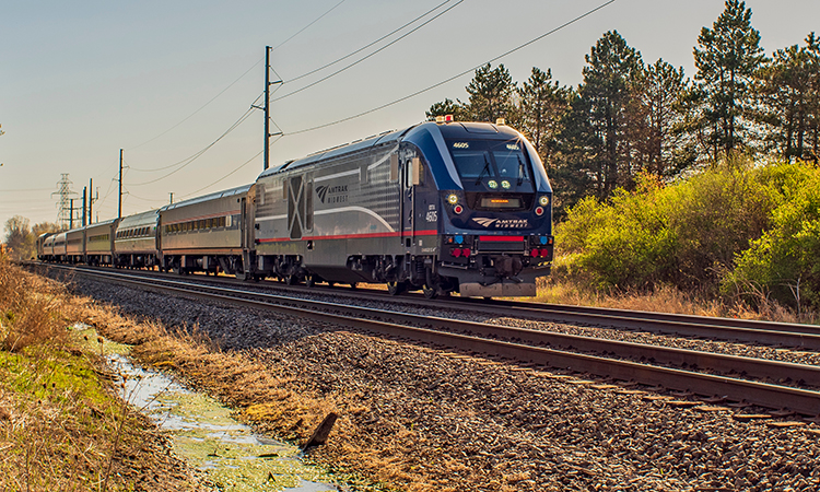 An Amtrak passenger train travelling