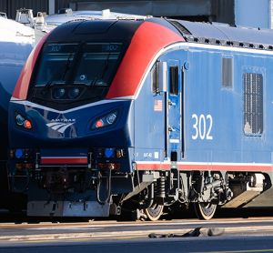 The Amtrak ALC-42 Charger locomotive number 302 in Seattle. The engine is manufactured by Siemens Mobility.