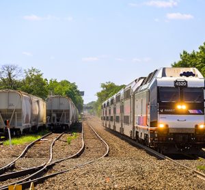 New Jersey Transit (NJT) train on the Raritan Valley Line approaching Bound Brook station