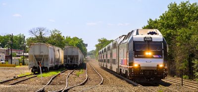 New Jersey Transit (NJT) train on the Raritan Valley Line approaching Bound Brook station