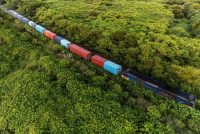high angle view of freight train