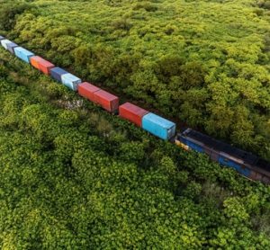 high angle view of freight train