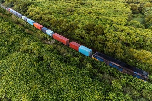 high angle view of freight train