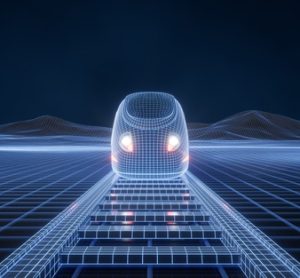 A digitally composed abstract image of a high speed bullet train