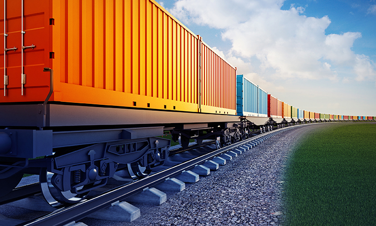 wagon of freight train with containers with a blue sky background