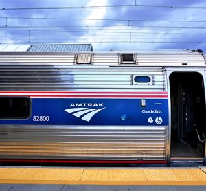 A Northeast Regional train from Amtrak at Union Station connecting Washington to New York on the Northeast Corridor.