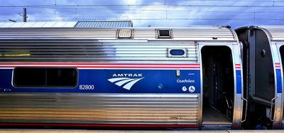 A Northeast Regional train from Amtrak at Union Station connecting Washington to New York on the Northeast Corridor.