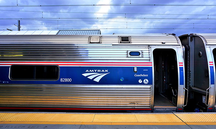 A Northeast Regional train from Amtrak at Union Station connecting Washington to New York on the Northeast Corridor.