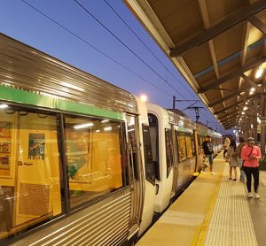 A locomotive at a station in Perth, Western Australia