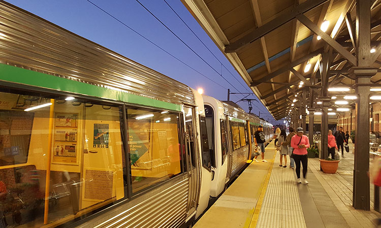 A locomotive at a station in Perth, Western Australia