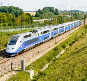 A double-decker TGV Duplex high speed train in Atlantic livery from french company SNCF