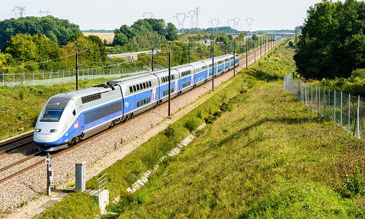 A double-decker TGV Duplex high speed train in Atlantic livery from french company SNCF