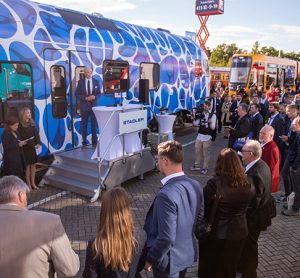 The MOU Signature Event at the Stadler FLIRT H2 SBCTA vehicle at InnoTrans in Berlin.