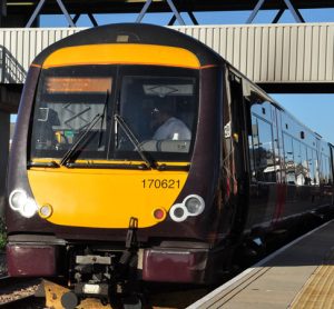 Turbostar Class 170 DMU at platform at Peterborough, Cambridgeshire, England, UK