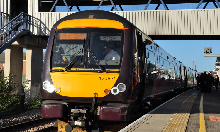 Turbostar Class 170 DMU at platform at Peterborough, Cambridgeshire, England, UK